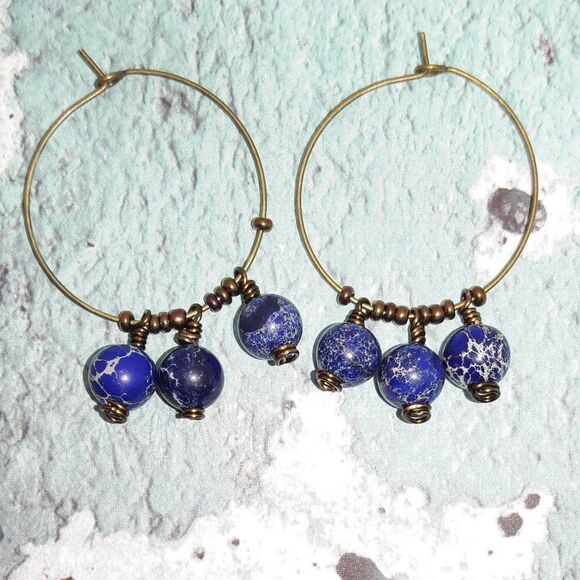 Hand Crafted Jewelry - Boho Earrings 409# Navy Blue marble web beads Antique.BronzeHoops Bohemian Blue
